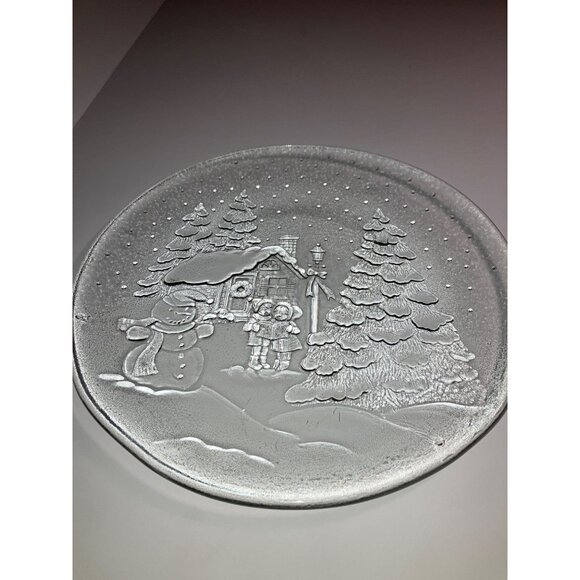 Clear Glass Vintage Christmas Plate Platter With Snowman & Tree Design - Picture 2 of 9